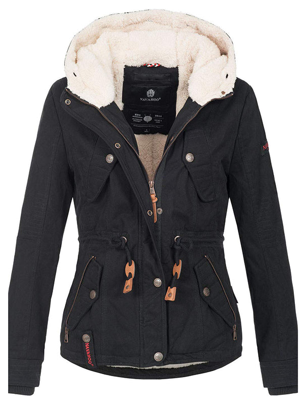 Warm ladies designer winter jacket with hood and teddy fur