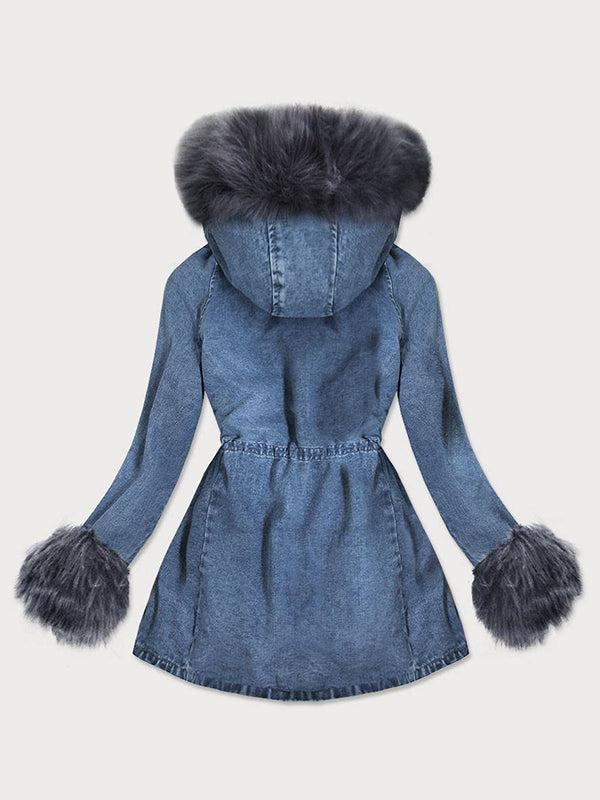 Blue Ladies Denim Jacket with Fur Lining-Graphite