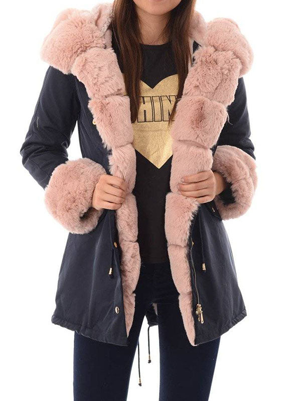 Ladies winter parka coat navy blue with pink fur