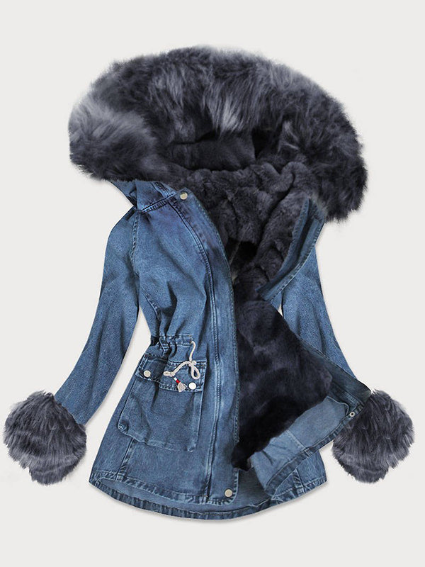 Blue Ladies Denim Jacket with Fur Lining-Graphite