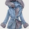 Women's fur lining denim jacket blue-grey