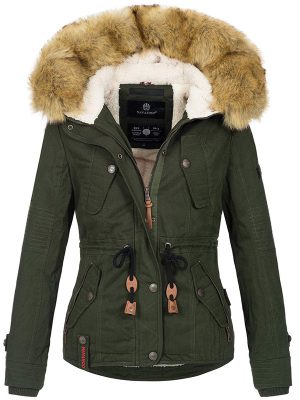 Warm ladies designer winter jacket with hood and teddy fur