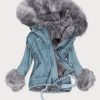 Blue Women's Short Jeans Jacket with Fur Lining-Gray