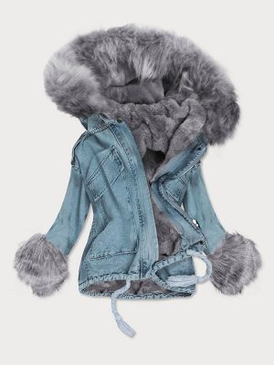 Blue Women's Short Jeans Jacket with Fur Lining-Gray