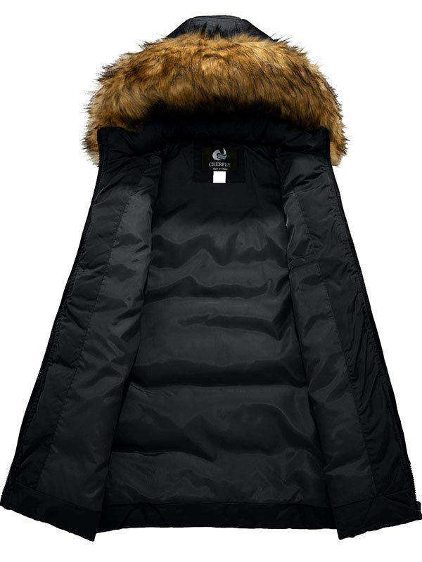 Women's cotton winter jacket padded warm long jacket with fur trim hood