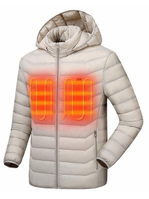 Heated ladies jacket with battery pack and detachable hood