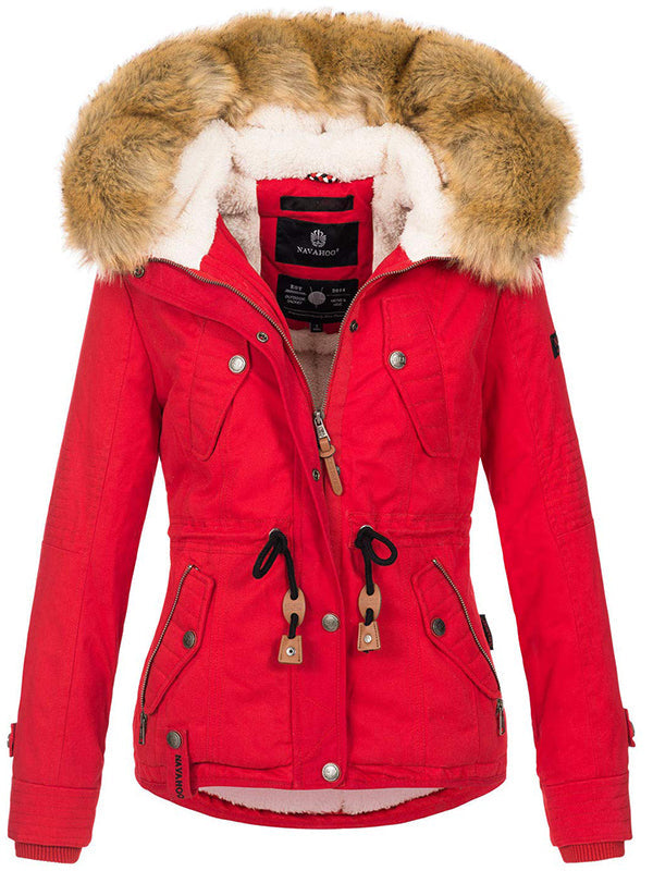 Warm ladies designer winter jacket with hood and teddy fur