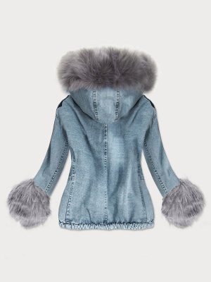 Blue Women's Short Jeans Jacket with Fur Lining-Gray