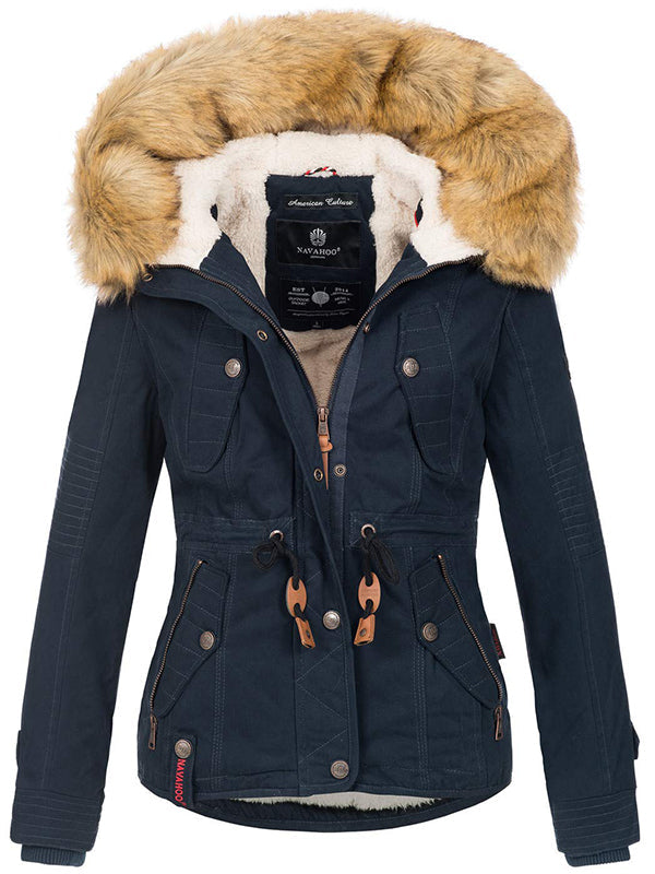 Warm ladies designer winter jacket with hood and teddy fur