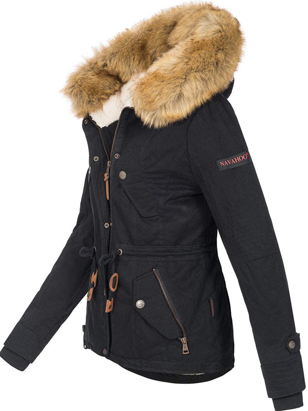 Warm ladies designer winter jacket with hood and teddy fur