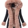 Ladies winter parka coat navy blue with pink fur