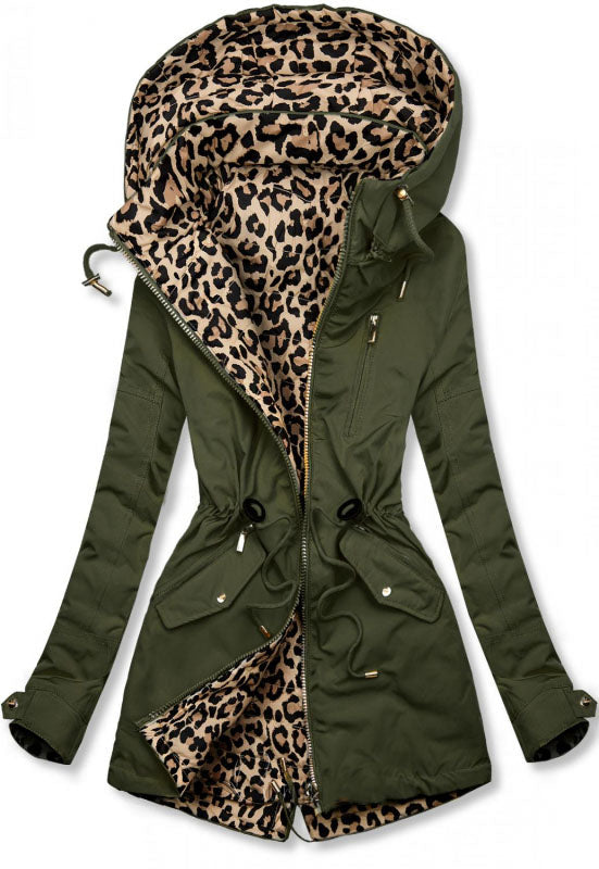 Leopard print double-sided parka, khaki