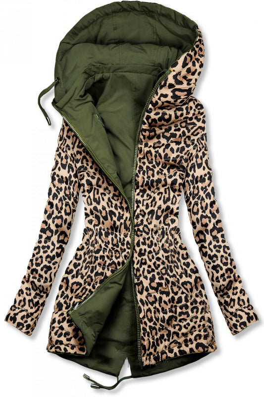 Leopard print double-sided parka, khaki