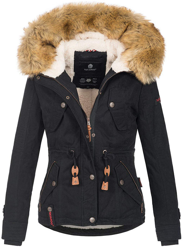 Warm ladies designer winter jacket with hood and teddy fur