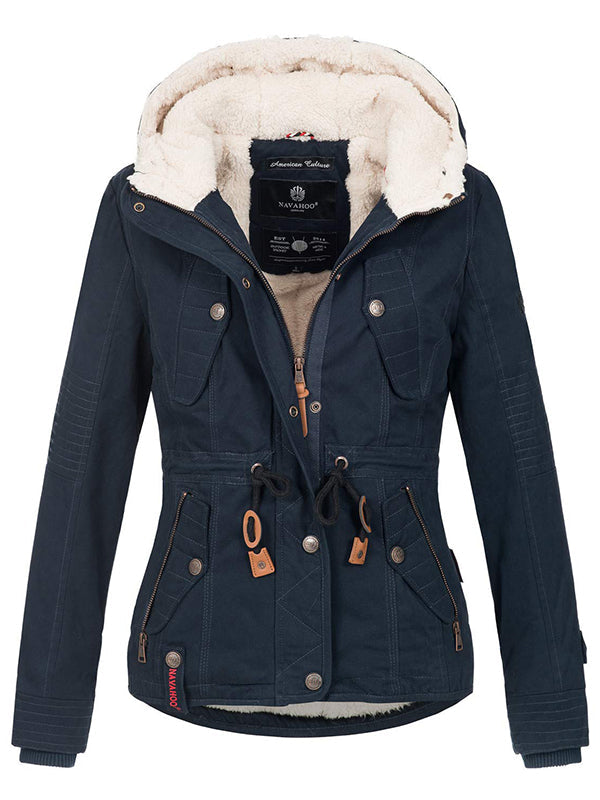 Warm ladies designer winter jacket with hood and teddy fur