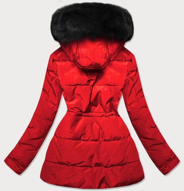 Women's black fur red winter parka coat