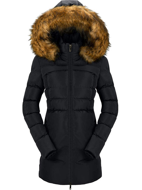 Women's cotton winter jacket padded warm long jacket with fur trim hood