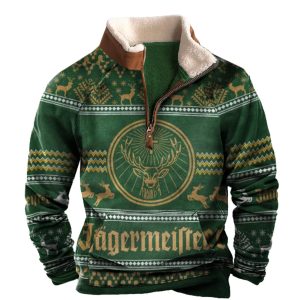 Men's Vintage Jgermeister Christmas Print Half-Zip Stand Collar Sweatshirt / [blueesa] /