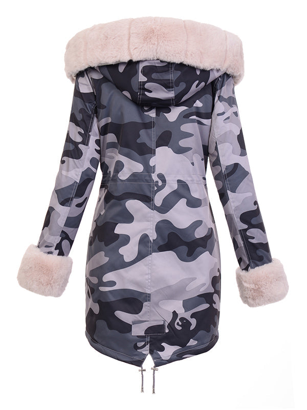 Women's winter fur coat camouflage with natural fur