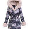 Women's winter fur coat camouflage with natural fur